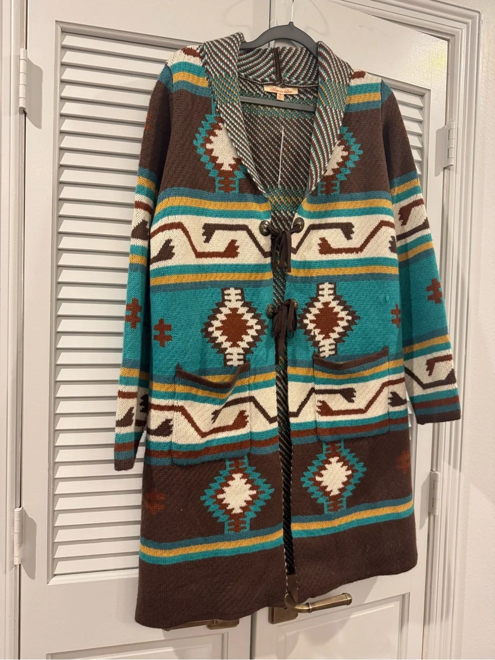 Turquoise & Brown Aztec Shawl-Collar Cardigan Sweater